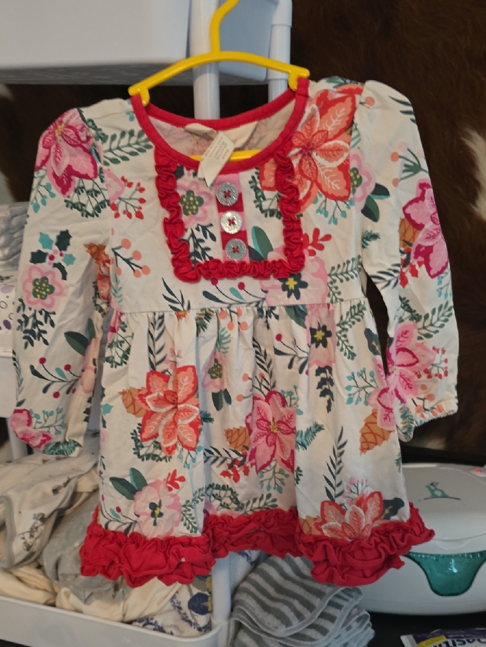 Matilda Jane Floral Ruffle Long Sleeve Dress in Cream, Pink, Coral and Green